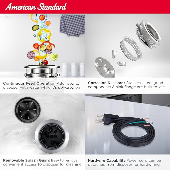 American Standard 10-US-AS-7-SL Garbage Disposal Anti-Jam Stainless Steel Food Waste Grinding System, Slim Line, 3/4 HP, Black-Ruum Studio Home