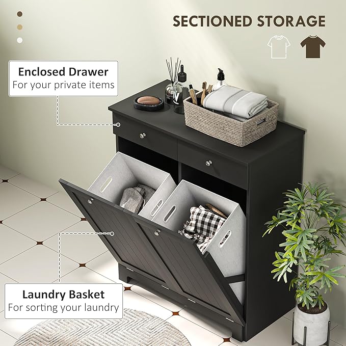 HOMCOM Laundry Hamper Cabinet with 2 Removable Baskets, Tilt Out Laundry Hamper Cabinet with 2 Drawers and 2 Beadboard Doors, Laundry Cabinet Bathroom Storage Cabinet, Black-Ruum Studio Home