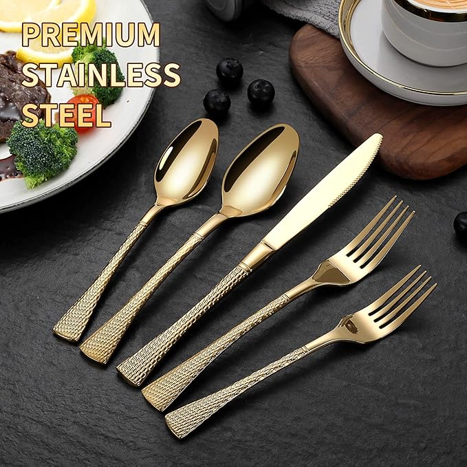 Hammered Gold Silverware Set for 8,Stainless Steel 40-Piece Modern Cutlery Set,Mirror Polished Heavy Duty Flatware Set Utensil Set,Knives Spoons and Forks Set,Dishwasher Safe-Ruum Studio Home