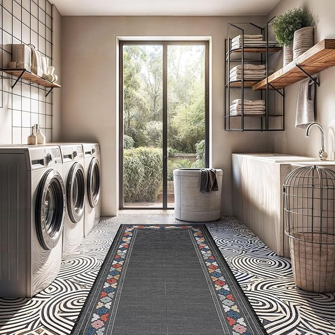 Beverly Rug Outdoor Runner Rug 2x7 Modern Floral Bordered Area Rugs for Indoor and Outdoor Patio Easy to Clean Non Shedding Living Room Porch Garden Washable Outside Carpet (2 x 7 Dark Gray)-Ruum Studio Home