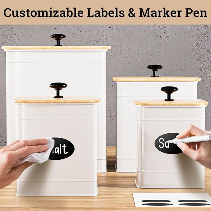 Kitchen Canisters for Countertop Set of 4 with Customizable Chalkboard Labels & Marker Pen - Big Iron Kitchen Canisters with Airtight Lids - Canisters Sets for the Kitchen - White Kitchen Canister Set-Ruum Studio Home