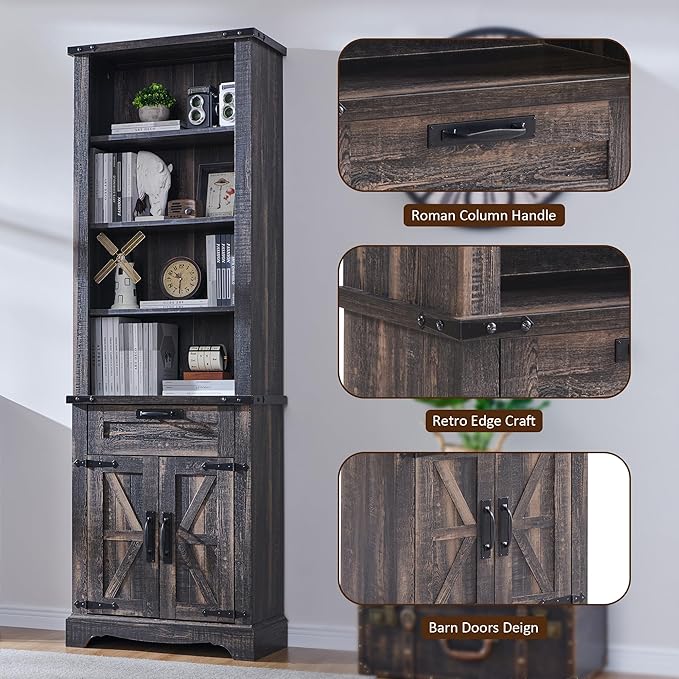 OKD 72'' Tall Bookshelf with Storage, Farmhouse 4 Tier Bookcase w/Barn Door, Adjustable Shelves and Drawers, Rustic Wooden Office Bookshelves for Home Bedroom, Living Room, Library (Dark Rustic Oak)-Ruum Studio Home
