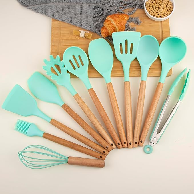 Silicone Cooking Utensils Set, Premium Beech Wood Handle Kitchen Gadgets Utensil Set, Non-Stick Kitchen Utensils Spatula, Tongs, Turner, Whisk, Brush, Spoon, BPA FREE, 446°F Resistant (Mint)-Ruum Studio Home