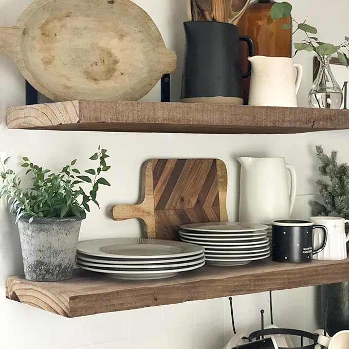 Floating Shelves, 8 Inch Deep Rustic Solid Reclaimed Wood Wall Shelves for Storage, Wall Mounted Display Shelving with Invisible Heavy-Duty Metal Bracket, 24 Inch Width Set of 2, Natural-Ruum Studio Home
