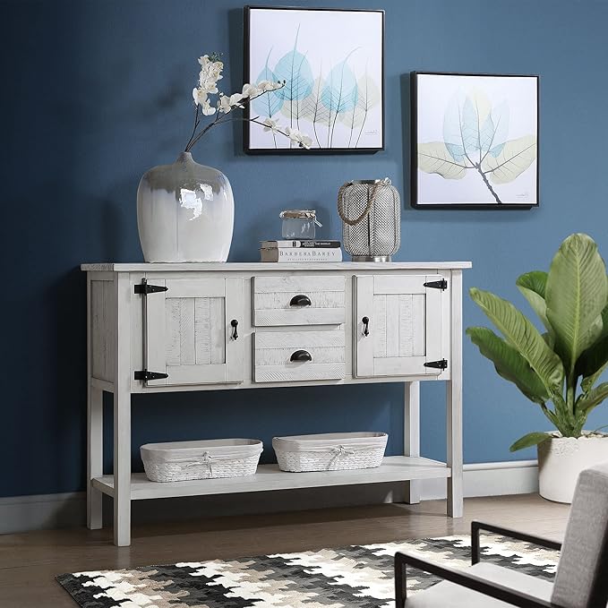Solid Wood Farmhouse Console Table,Sofa Table with Storage Drawers and Shelves,Entryway Table for Entry Hallway Foyer Sofa Side Table,Fully Assembled (48" Antique White)-Ruum Studio Home
