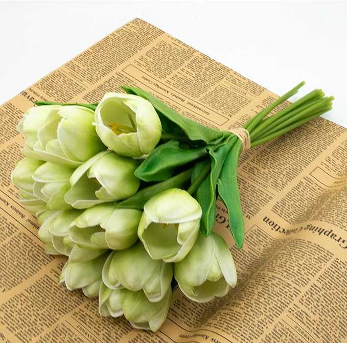 Buart Artificial Tulip in Bulk for Home Kitchen Wedding Bridal Bouquet,Fake Flowers for Valentine's Day Mother's Day Easter Table Centerpieces Decorations(Green,Real-Touch,12pcs)-Ruum Studio Home