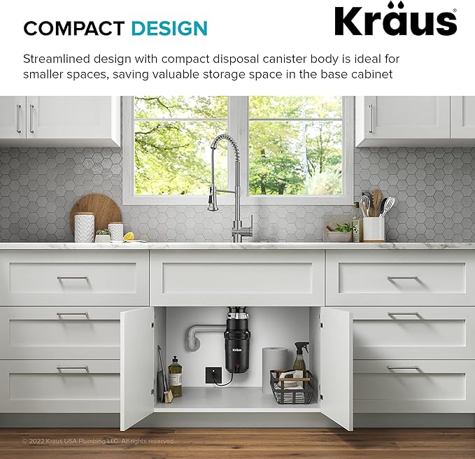 KRAUS WasteGuard 1/3 HP Ultra-Quiet Garbage Disposal with Quick Connect, Kitchen Sink Drain Cover, Power Cord and Flange Included, KWD100-33MBL-Ruum Studio Home