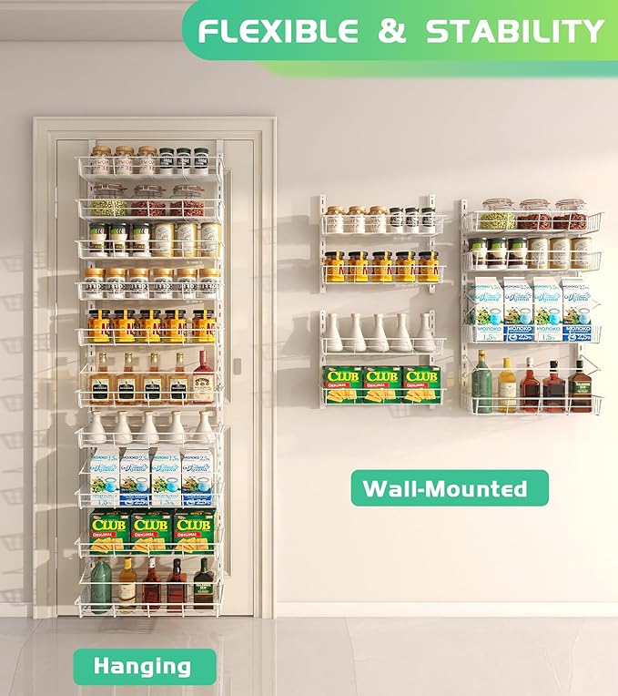 White 10-Tier Over The Door Pantry Organizer, Pantry Organization and Storage, Metal Hanging Adjustable Basket, Wall Spice Rack Seasoning Shelves, Home & Kitchen Essentials-Ruum Studio Home