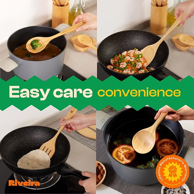 Riveira Natural Bamboo Wooden Cooking Utensils Set of 9 Premium Quality Non-Toxic Wooden Spoons and Spatulas for Cooking-Ruum Studio Home