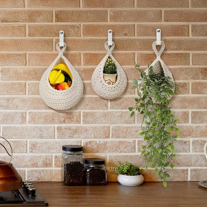 AARAINBOW Boho Wall Hanging Baskets for Kitchen Storage, Fruit Woven Wall Basket 9 Pcs, Hanging Vegetable and Onion Storage with 24 Hooks (White)-Ruum Studio Home
