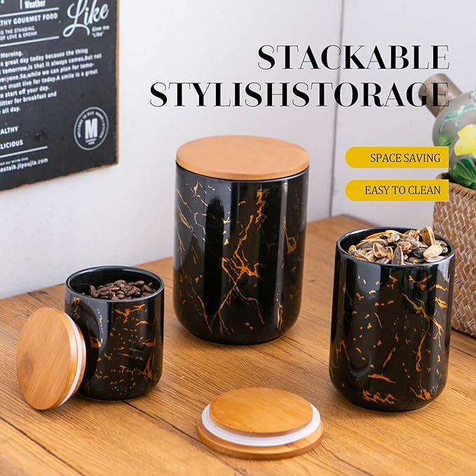 Black Ceramic Canister Set with Wooden Lid, 3-Piece Food Storage Jars for Kitchen Counter, Storage Container for Sugar, Coffee, Tea, Spice-Ruum Studio Home