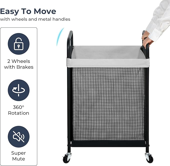 STO STO Laundry Hamper, 90L Rolling Laundry Sorter Cart with Removable and Washable Liner Bag, Rolling Clothes Hamper with Metal Handle for Laundry Room and Bedroom, Gray-Ruum Studio Home