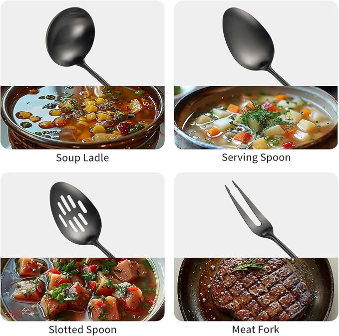 304 Stainlss Steel Matte Kitchen Utensils Set, 11 Pcs Long Metal Cooking Utensil Gadgets Tools Set with Spatula, Ladle, Spoon, Ladle, Skimmer, Tunner, Pasta Server, Tongs(Black, Dishwasher Safe)-Ruum Studio Home