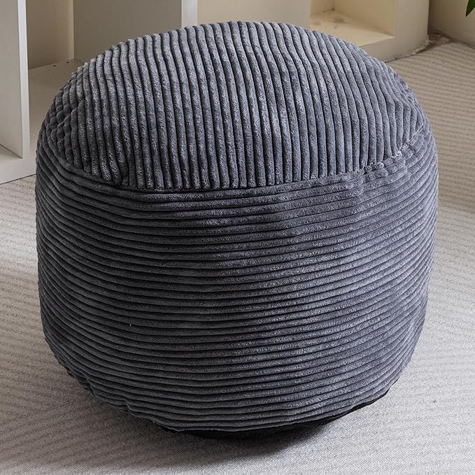 HIGOGOGO Round Stuffed Pouf Ottoman, Corduroy Poufs with Foam Chunk Filling, Furry and Fluffy Pouf Foot Stool Storage Ottoman, 26 X 18 Floor Poufs Foot Rest for Living Room, Dark Grey-Ruum Studio Home