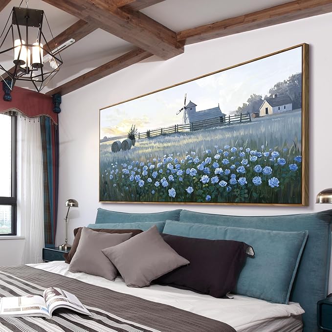 amatop Extra Large Wall Art Bedroom – Framed Country Landscape Canvas Art Blue Floral Field Windmill Print with Natural Wood Frame Rustic Wildflower Picture Home Decor for Living Room Office 58x29 Inch-Ruum Studio Home