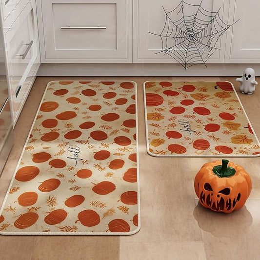 Halloween Kitchen Mat Set of 2, Pumpkin Kitchen Halloween Decor, Fall Decorations for Home, Halloween Rug for Floor,Indoor Home Decor with Non-Slip Backing,17 x 29 Inch & 17 x 47 Inch-Ruum Studio Home
