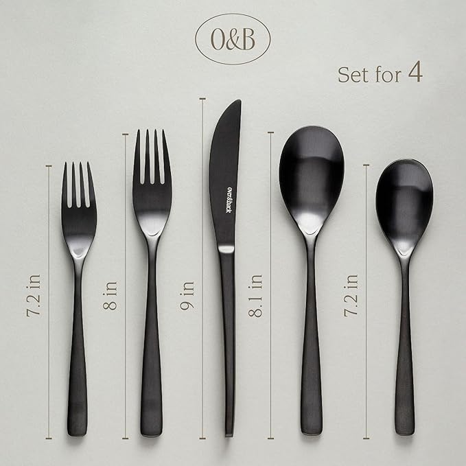 over&back 20pc Curved Flatware Cutlery Set - Comes with 4 Dinner Forks, 4 Salad Forks, 4 Dinner Knives, 4 Dinner Spoons, and 4 Teaspoons - 18/8 Stainless Steel - Dishwasher-Safe - Matte Black-Ruum Studio Home
