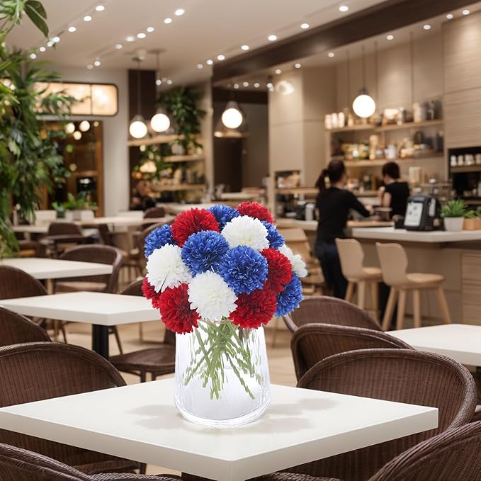 Kimura's Cabin 21Pcs Faux Chrysanthemum Flowers 4th of July Patriotic Flower Decor Artificial Mums Memorial Day Fake Ball Flower Home Event Table Centerpieces DIY Decoratio (Red White Blue-Ruum Studio Home