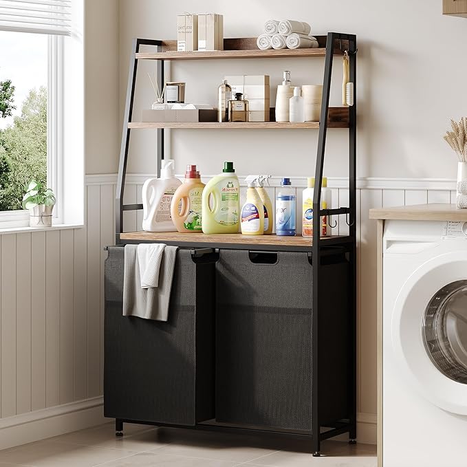 Lulive Double Laundry Hamper with Shelf, Laundry Basket with 3 Tier Storage Shelves & 4 Removable Hooks, Tall Laundry Sorter Clothes Hamper with Pull-Out Bags for Bathroom, Laundry Room-Ruum Studio Home