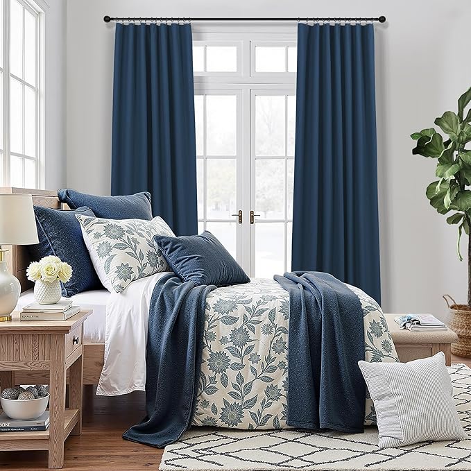 Navy Blue Blackout Curtains for Living Room 84 Inch Length 2 Panel Set Back Tab Pocket Midnight Dark Blue Black Out Linen Window Drape Thermal Insulated Room Darkening Curtain for Bedroom Boys 84 Long
