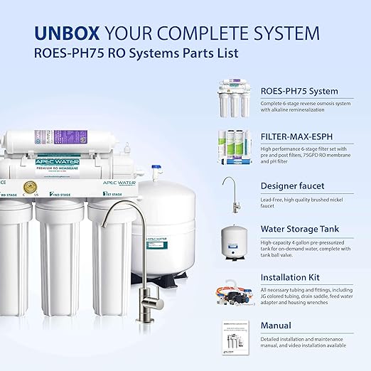 APEC Water Systems ROES-PH75 Essence Series Top Tier Alkaline Mineral pH+ 75 GPD 6-Stage Certified Ultra Safe Reverse Osmosis Drinking Water Filter System-Ruum Studio Home