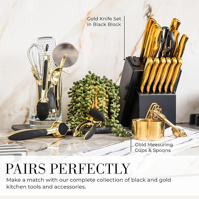Black and Gold Kitchen Utensils - Luxe 8-Piece Gold Kitchen Tools Set with Can Opener, Pizza Cutter, Peeler, Mini Whisk, and Tongs - Stylish Accessories for Modern Cooking and Ideal for Gifting-Ruum Studio Home