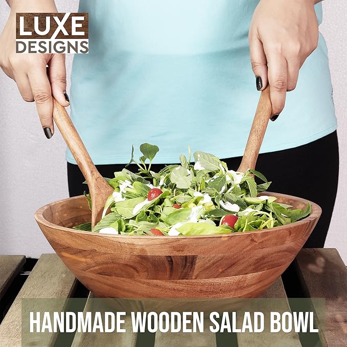 Luxe Designs Wooden Salad Bowl Set - Food Safe & Sustainable Decorative Bowl - Wood Bowl for Fruits, & Salads - Easy to Clean Large Salad Bowls Set w/Spoon, Fork – Wooden Bowls for Food (Natural)-Ruum Studio Home