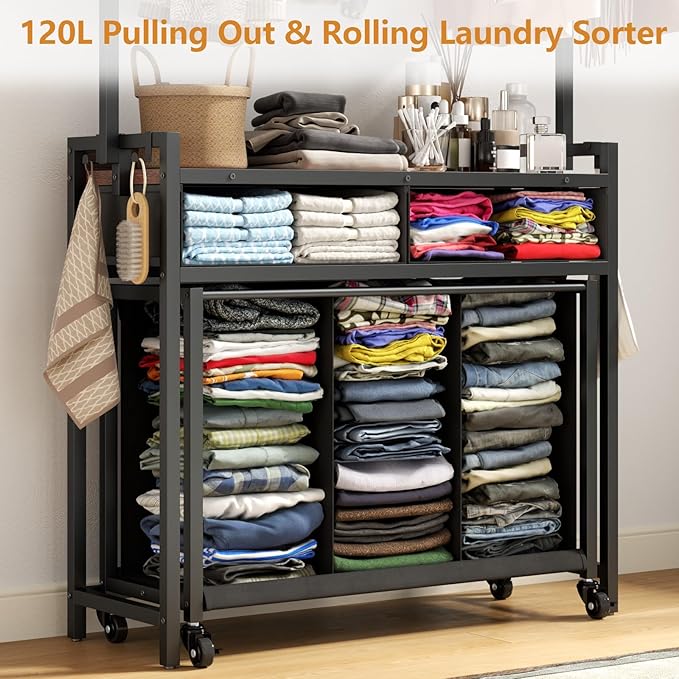 Laundry Sorter Hamper with Hanging Cloth Rack, Laundry Basket with 3 Section Pull-Out Rolling Bags, Laundry Sorter for Organization and Storage with 2 Drawers for Laundry Room (Vinatge Brown)-Ruum Studio Home