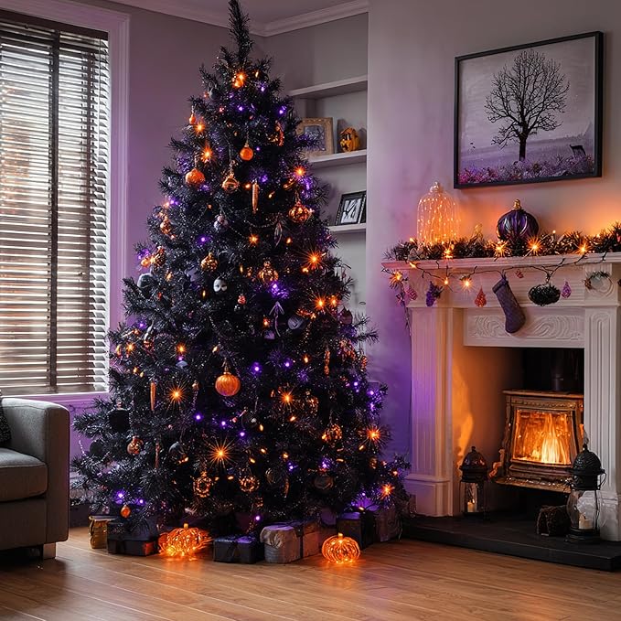 Dazzle Bright Halloween String Lights, 600 LED 196 FT Waterproof Black Wire String Lights with 8 Lighting Modes, Halloween Decorations Outdoor for Party Yard Garden Decor, Purple and Orange-Ruum Studio Home