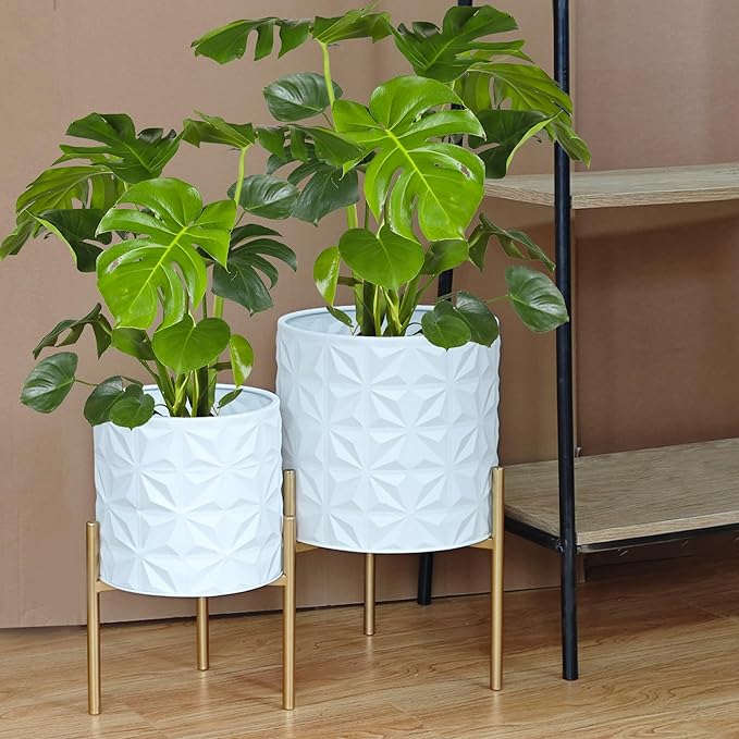 ARNIS Modern Planter Pots, Set of 2 Large Planters with Stand, Decorative Planters, Metal Pots with Drainage Holes for Living Room, Office, Garden or Balcony, 8.25 &10.5 Inch, Matte White-Ruum Studio Home