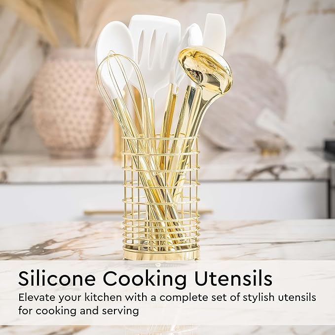 White and Gold Kitchen Utensils Set - 23-Piece Gold Kitchen Accessories Include Measuring Cups and Spoons Set, Silicone Utensils, and Utensil Holder for Baking, Cooking, and Stylish Kitchen Decor-Ruum Studio Home