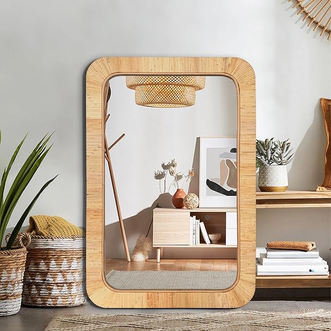 24x36 inch Rattan Rectangular Mirror for Wall, Bohemia Bathroom/Farmhouse Boho Mirrors, Vanity Irragular Decorative Mirror, Suitable for, Nursery, Bedroom, Living Room, Home Decoration-Ruum Studio Home