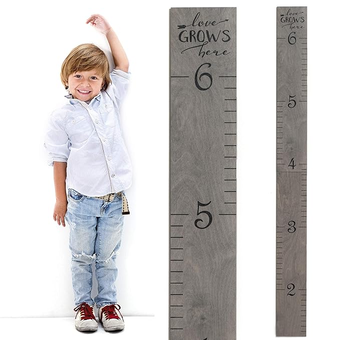 Wooden Growth Chart for Wall - Height Growth Chart for Kids, Kid Height Wall Chart, Height Measurement for Wall, Height Chart for Kids - Love Grows Here, Skinny Grey (63""x5.75"")-Ruum Studio Home