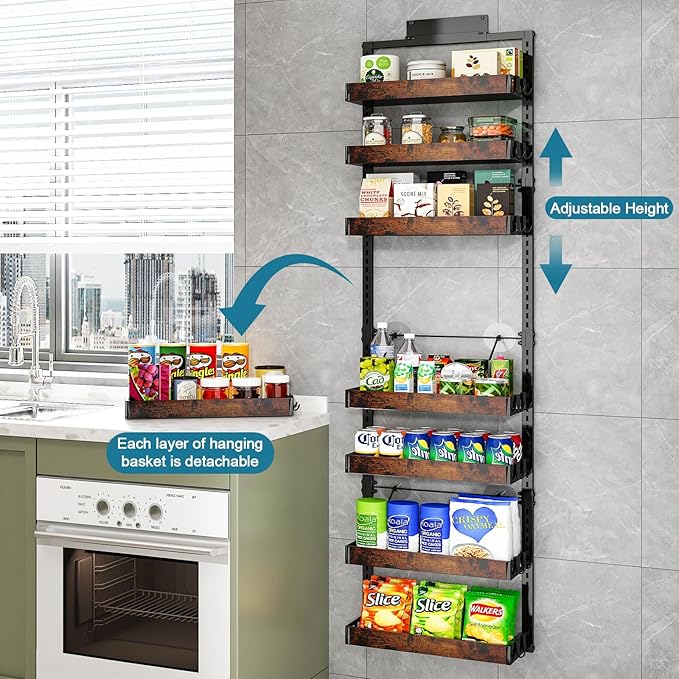 bukfen Over the Door Pantry Organizer, 8-Tier Adjustable Wooden Basket Kitchen Pantry Door Organization and Storage,2 in 1 Wall Mount or Hanging Heavy-Duty Metal Hanging Kitchen Spice Rack,1 Pack-Ruum Studio Home