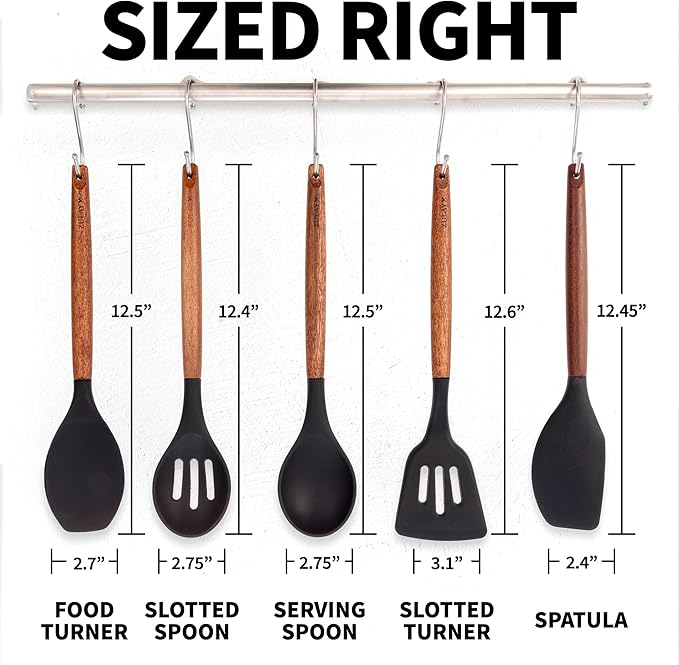 Zulay Kitchen Non-Stick Cooking Utensils Set with Authentic Acacia Wood Handles – 5-Piece Durable & Stylish Silicone Kitchen Utensils Set – Heat Resistant to 464°F – Black-Ruum Studio Home