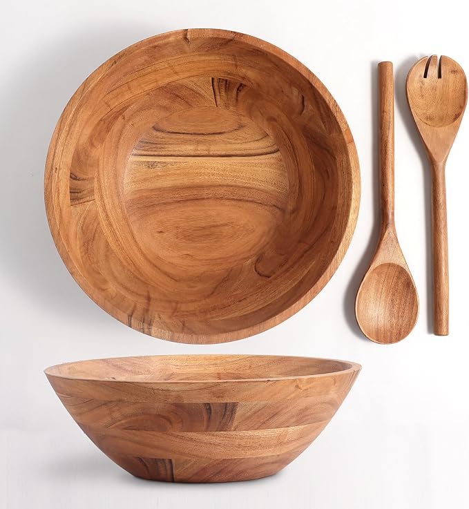 Luxe Designs Wooden Salad Bowl Set - Food Safe & Sustainable Decorative Bowl - Wood Bowl for Fruits, & Salads - Easy to Clean Large Salad Bowls Set w/Spoon, Fork – Wooden Bowls for Food (Natural)-Ruum Studio Home
