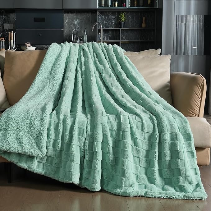Pawque Super Soft Cozy Throw Blanket Queen Size for Couch Bed, Fluffy Sherpa Fleece Reversible Thick Warm Fuzzy Blanket for All-Season, 3D Checkered Jacquard Decorative Blankets, Sage Green, 90"x90"-Ruum Studio Home