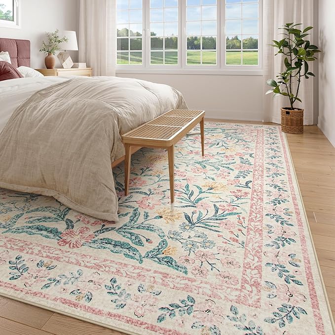 Wonnitar Machine Washable 10x14 Area Rugs, Large Living Room Rug Floral Pink and White Carpet, Boho Soft Ultra-Thin Foldable Carpets for Bedroom Dining Room Office-Ruum Studio Home