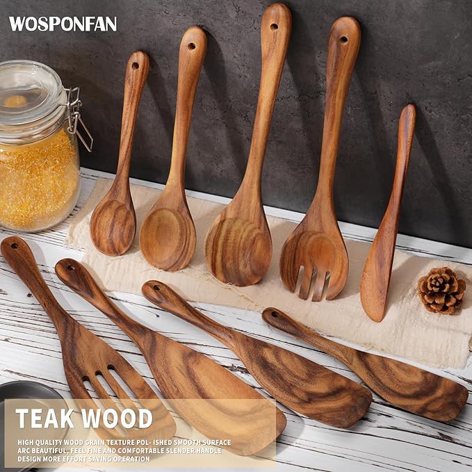 Wooden Cooking Utensils Set, 9 PCS Teak Wood Spoons, Spatula, Slotted Spoon, Handmade Modern Kitchen Utensils-Ruum Studio Home