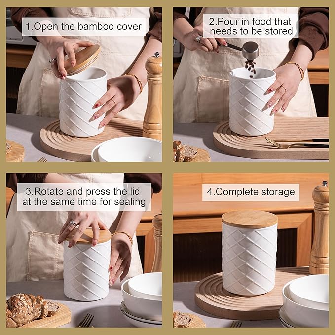 Sweejar Ceramic Canisters Sets for Kitchen Countertop, Relief Food Storage Jar with Bamboo Lid, Stackable Container for Flour, Coffee, Pasta, Cereal, Tea, Cookies, Sugar, Spices, Pack of 4 (Gray)-Ruum Studio Home