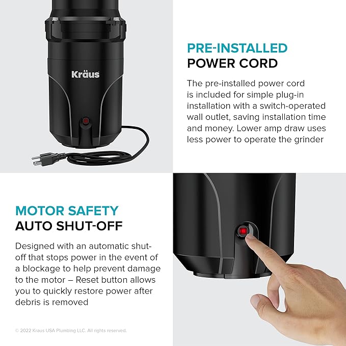 KRAUS WasteGuard 1/3 HP Ultra-Quiet Garbage Disposal with Quick Connect, Kitchen Sink Drain Cover, Power Cord and Flange Included, KWD100-33MBL-Ruum Studio Home