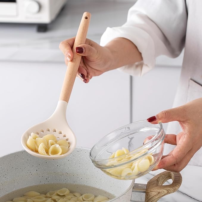 Country Kitchen Non Stick Silicone Utensil Set with Rounded Wood Handles for Cooking and Baking, 14 Piece Set, Khaki-Ruum Studio Home