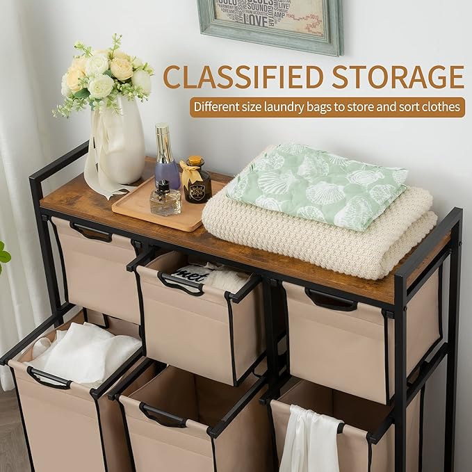 Laundry Basket Organizer, Hampers for Laundry 6 Compartments, Laundry Hamper with 6 Sliding Laundry Sorter Bags, Top Storage Shelf, and Metal Frame (6 Compartments)-Ruum Studio Home