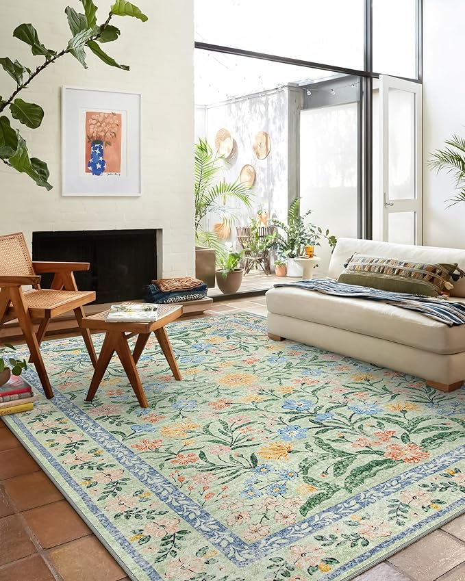 Wonnitar Boho Washable Rugs 8x10, Large Floral Rugs for Bedroom, 8 x 10 Soft Green Living Room Carpet, Non Slip Ultra-Thin Carpet for Kids Playroom Dorm Dining Room-Ruum Studio Home
