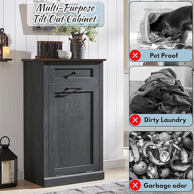 Tilt Out Laundry Hamper Cabinet, 10 Gallon Farmhouse Trash Can Cabinet with Drawer, Hidden Wood Garbage Can Bin Cabinet with Laundry Storage Basket for Bathroom, Kitchen, Dark Grey-Ruum Studio Home
