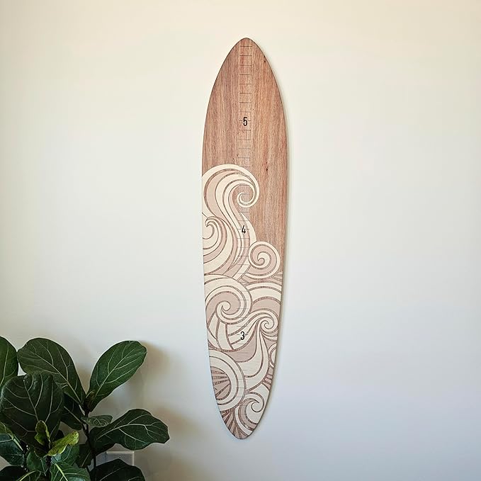 Wooden Surfboard Wall Decor Growth Chart - Surf Board Decor for Kids Room, Wooden Growth Chart for Wall, Surfboard Wall Art, Surfboards for Decoration - White Wave (9.5""x 45"")-Ruum Studio Home