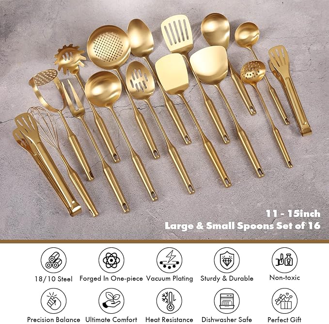 Gold Cooking Utensils Set - 18/10 Stainless Steel Large and Small Spoons Set, 16 PCS All Metal Kitchen Tools, Serving Utensils - Whisk, Masher, Fork, Tongs, Spatula, Ladle, Skimmer, Turner, Pasta-Ruum Studio Home