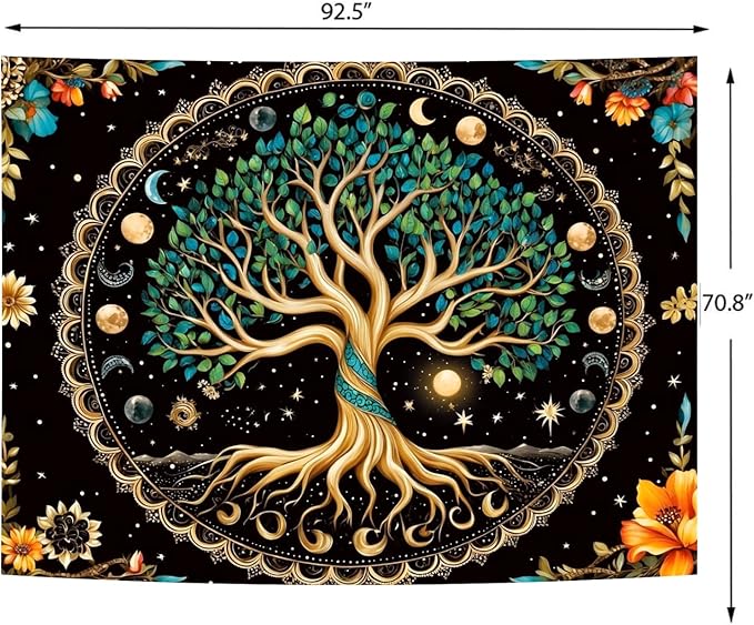 Delur Tree of Life Tapestry Moon Phase Nature Flower Plant Tapestry Wall Hanging Boho Mandala Spiritual Sun Aesthetic Psychedelic Headboard for Bedroom Living Room Home Decor (70.8" x 92.5")-Ruum Studio Home