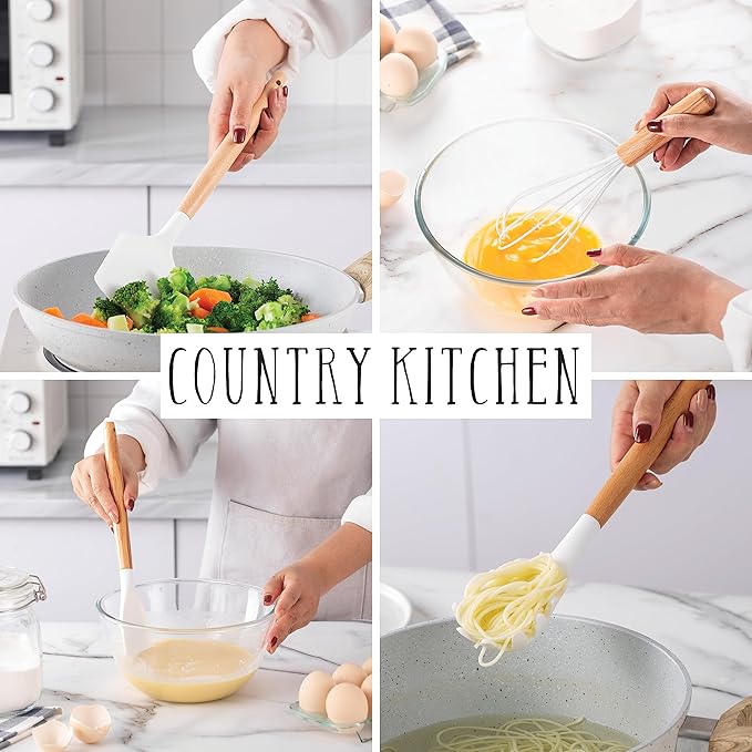 Country Kitchen Non Stick Silicone Utensil Set with Rounded Wood Handles for Cooking and Baking, 14 Piece Set, White-Ruum Studio Home