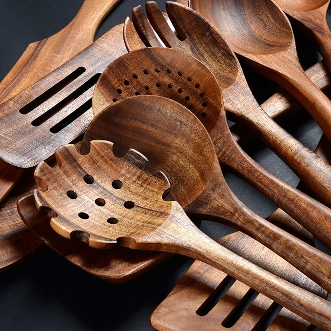12 Pack Wooden Spoons for Cooking - Natural Teak Kitchen Utensils Set with Spatulas-Ruum Studio Home